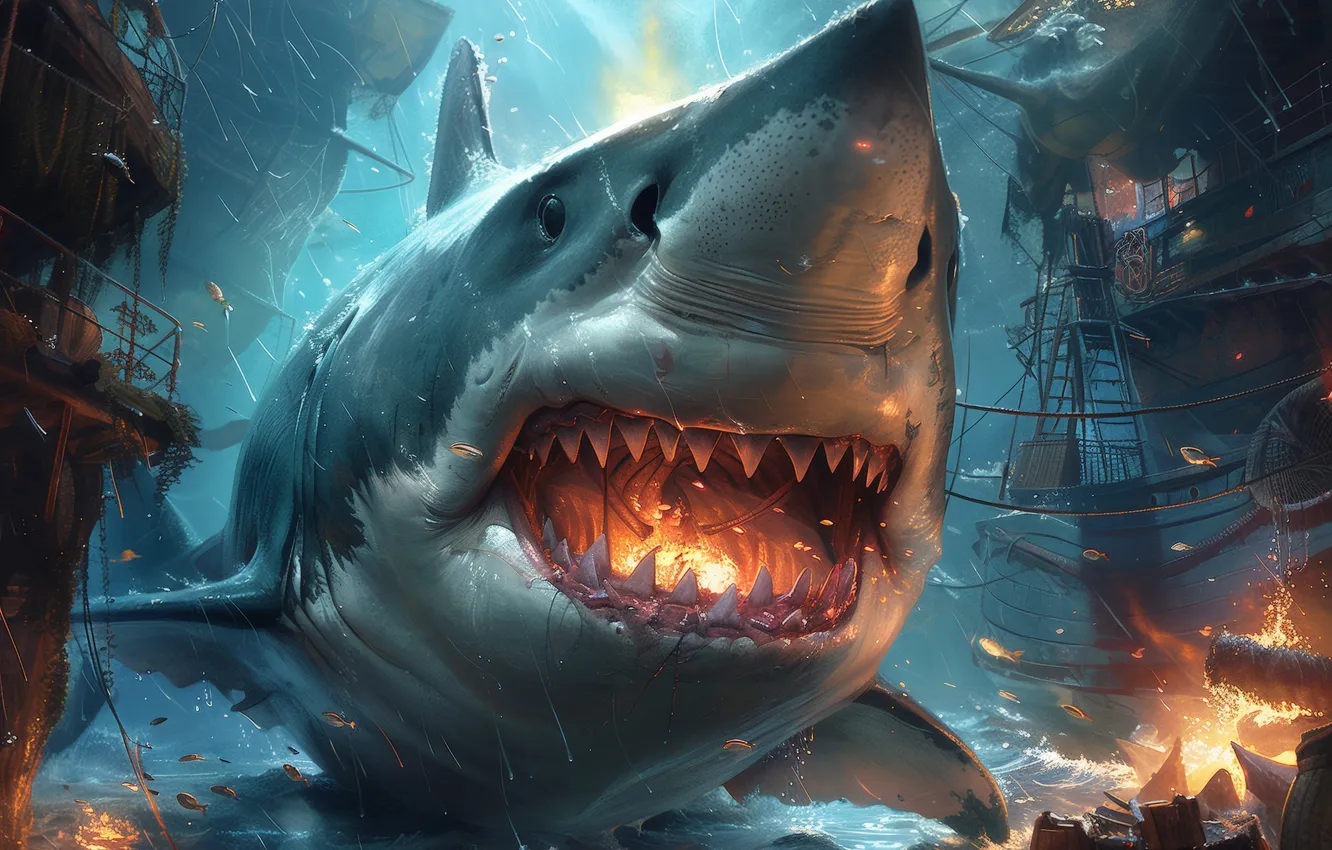 Photo wallpaper face, ship, predator, shark, teeth, mouth, underwater world, digital art