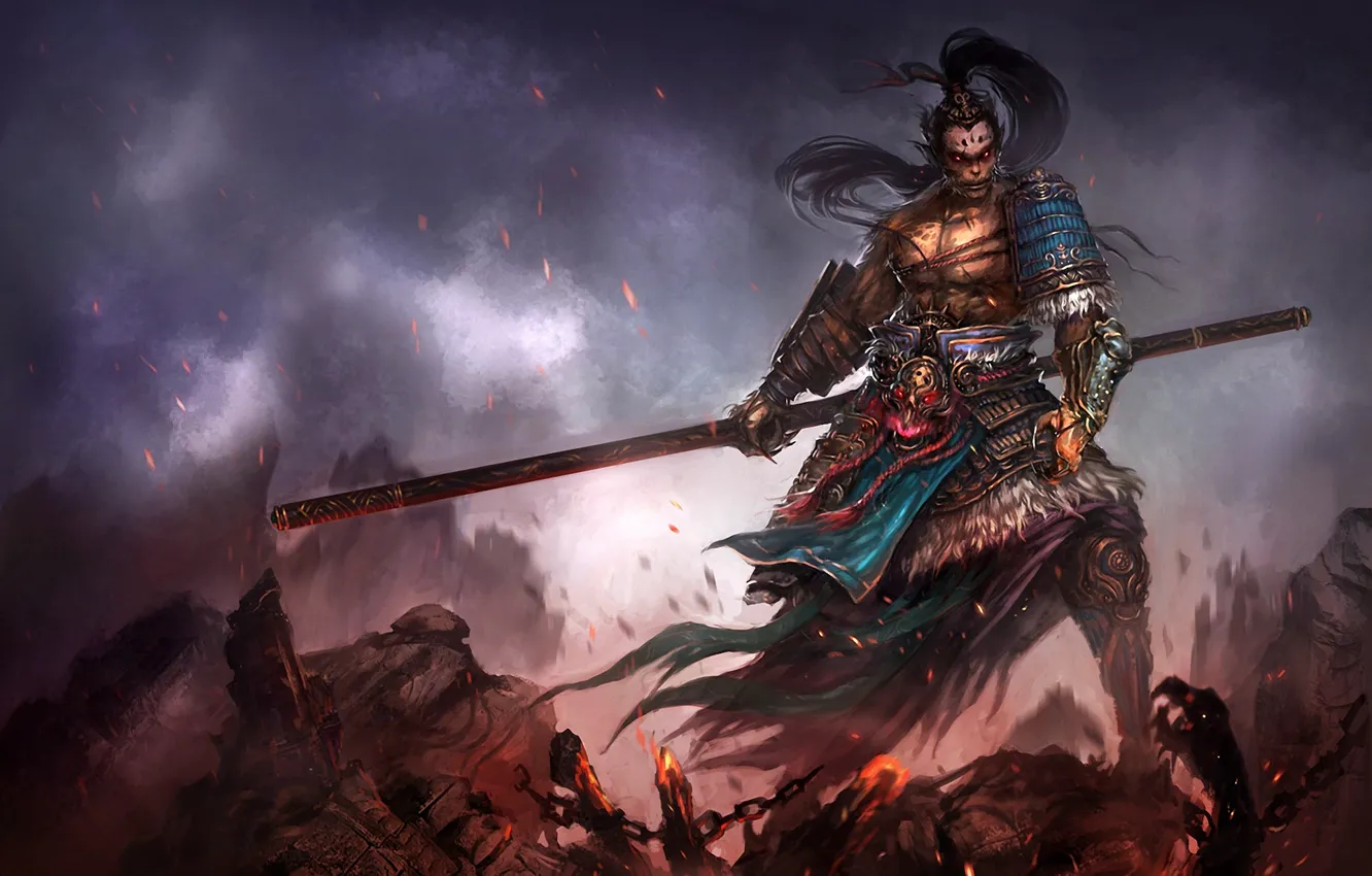 Photo wallpaper weapons, warrior, art, sparks, staff, corpses, the battlefield
