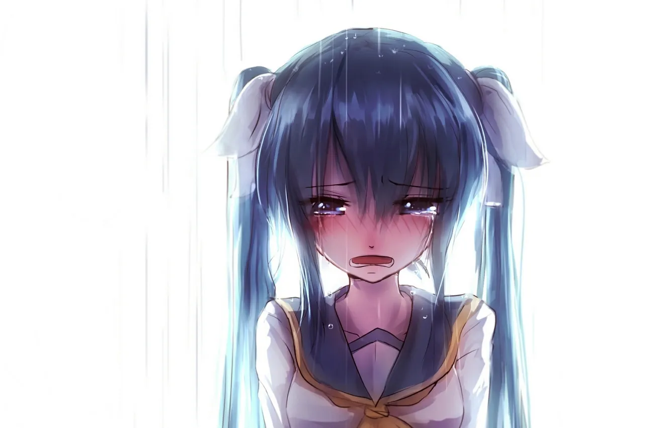 Photo wallpaper girl, rain, anime, tears, art, form, schoolgirl, vocaloid