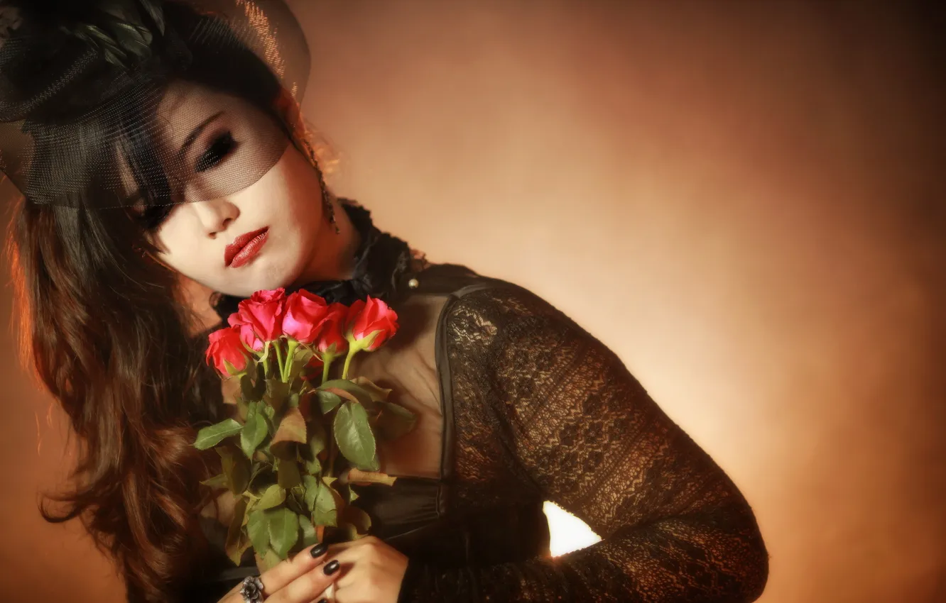 Photo wallpaper girl, roses, veil