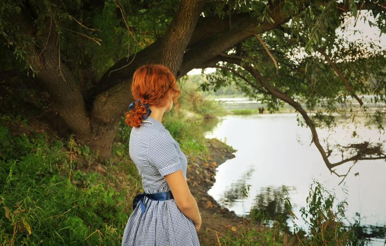 Photo wallpaper grass, girl, river, tree, redhead