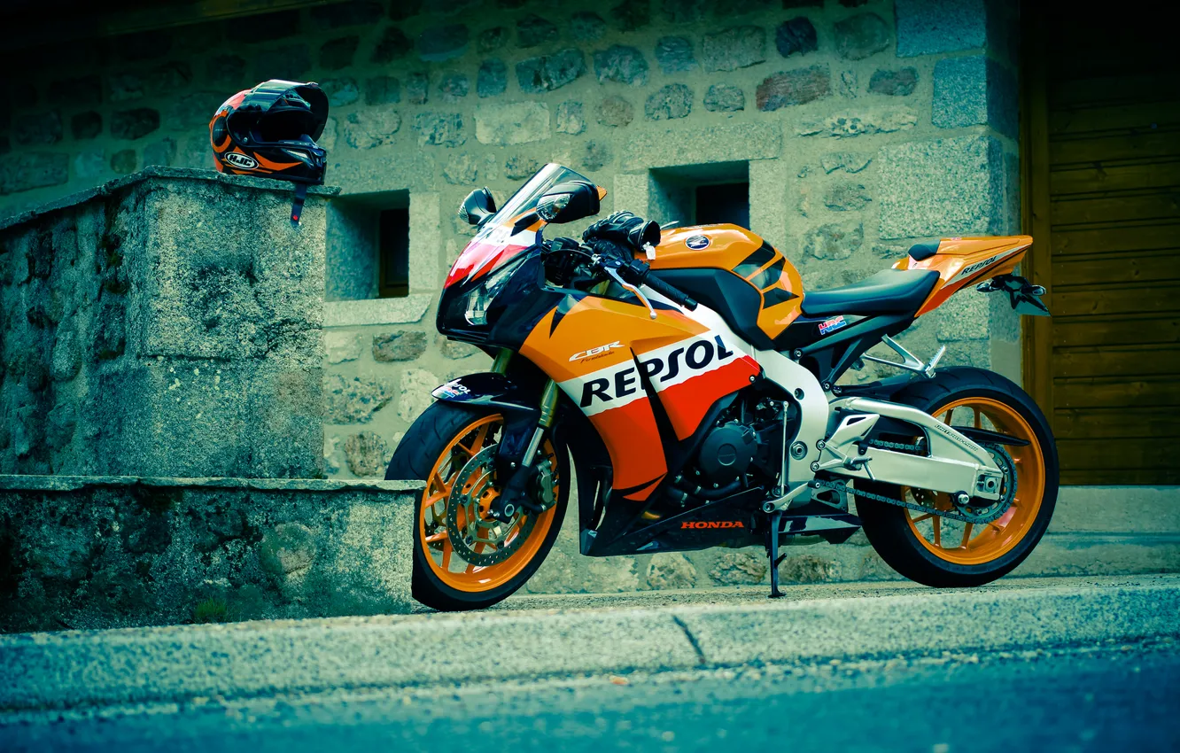 Photo wallpaper orange, black, helmet, Honda, black, Honda, orange, cbr