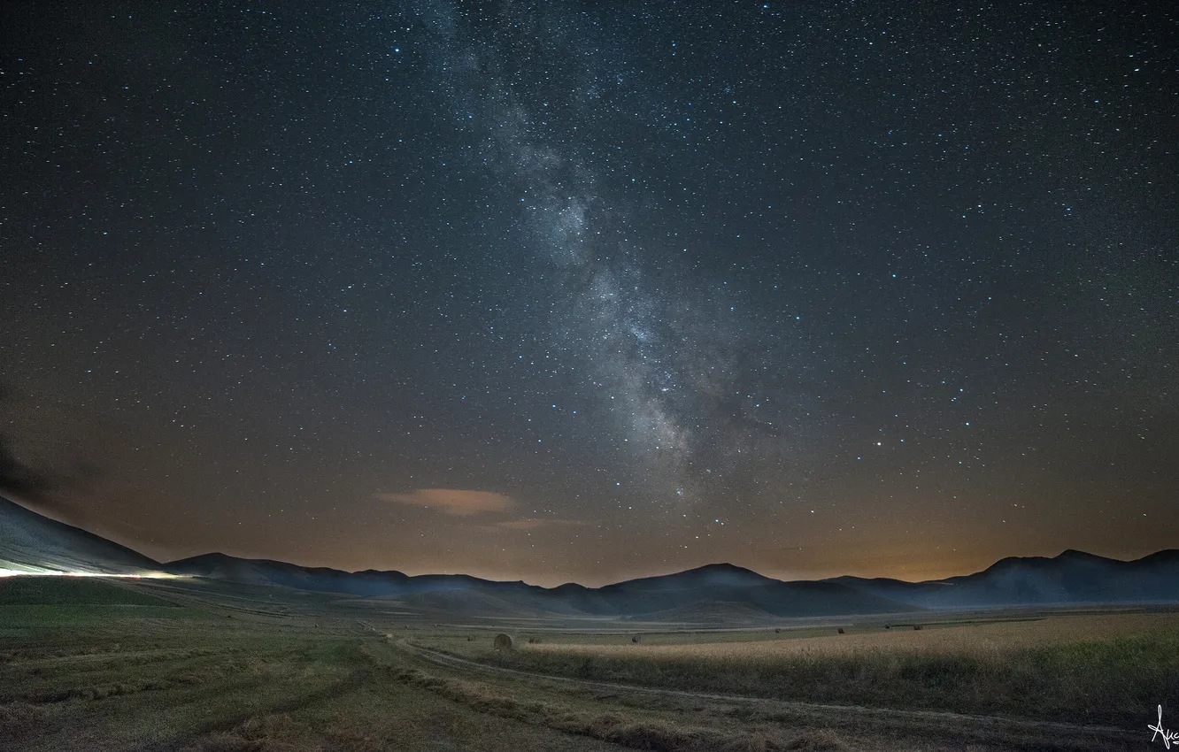 Photo wallpaper field, hills, The Milky Way