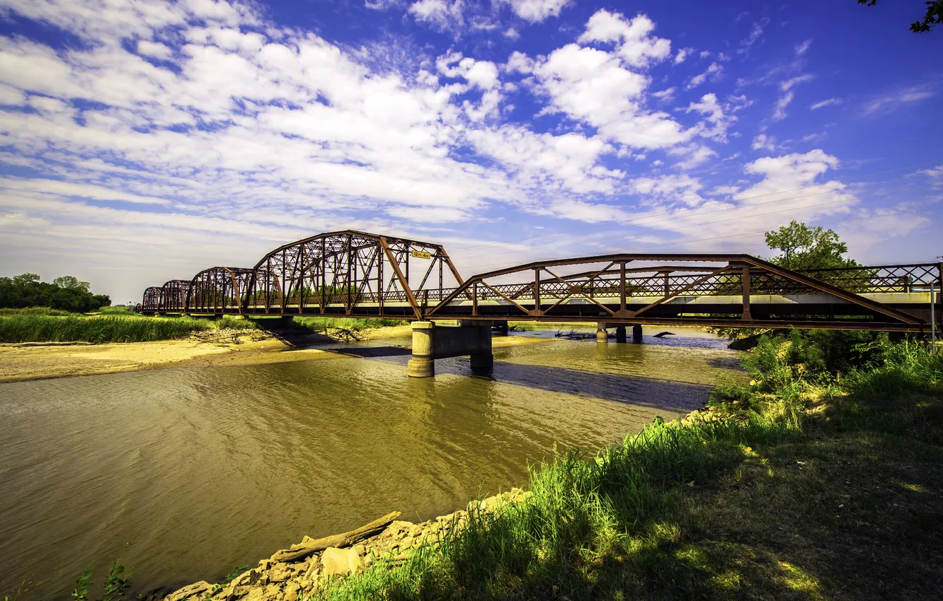 Photo wallpaper the sky, grass, clouds, bridge, river, stones, shore, HDR
