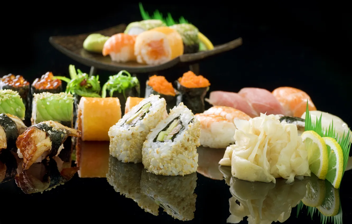 Photo wallpaper lemon, fish, caviar, sushi, rolls, shrimp, ginger