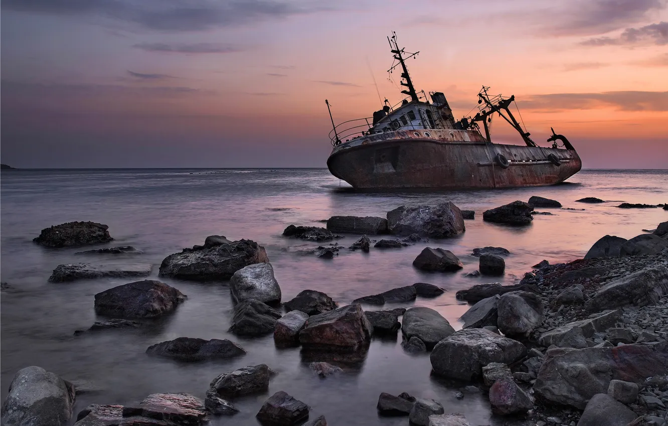 Photo wallpaper sea, sunset, ship