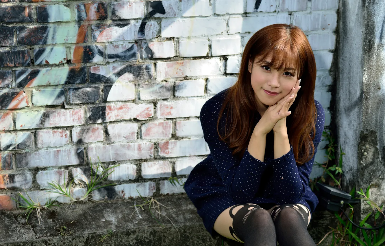 Photo wallpaper look, girl, smile, Asian, knees