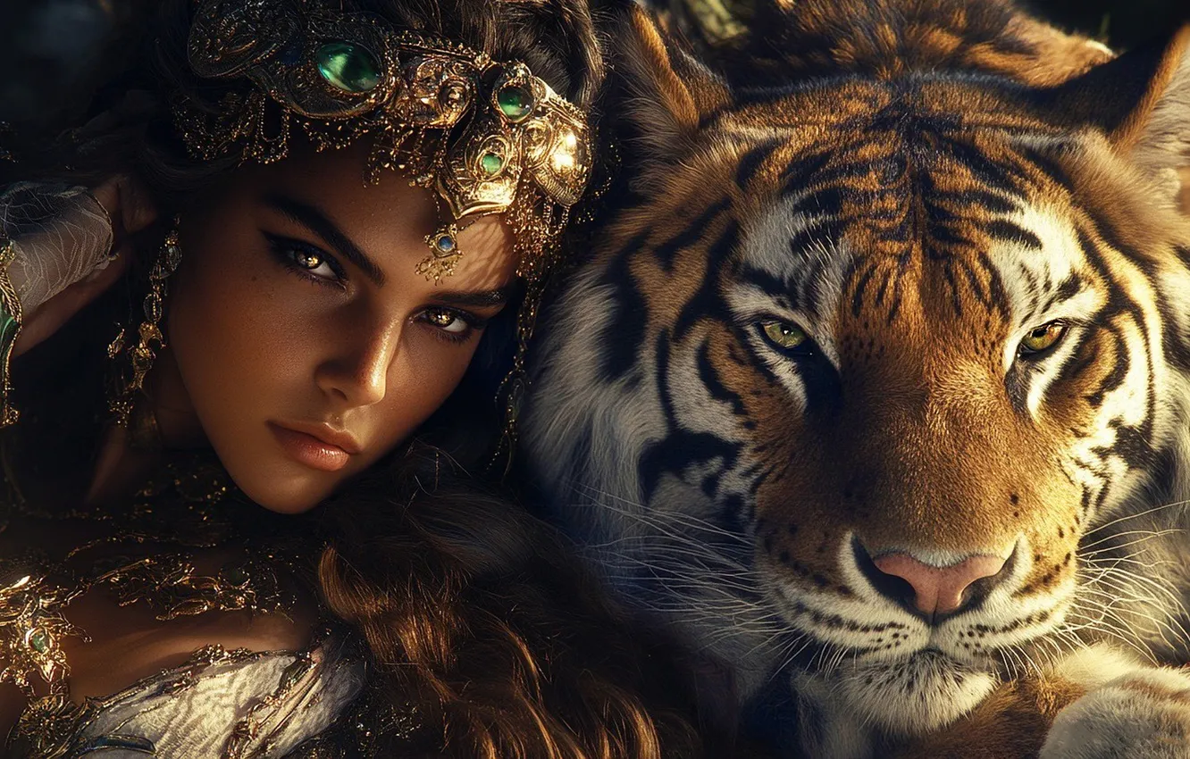 Photo wallpaper girl, decoration, tiger, each, fantasy, image, Princess, AI art