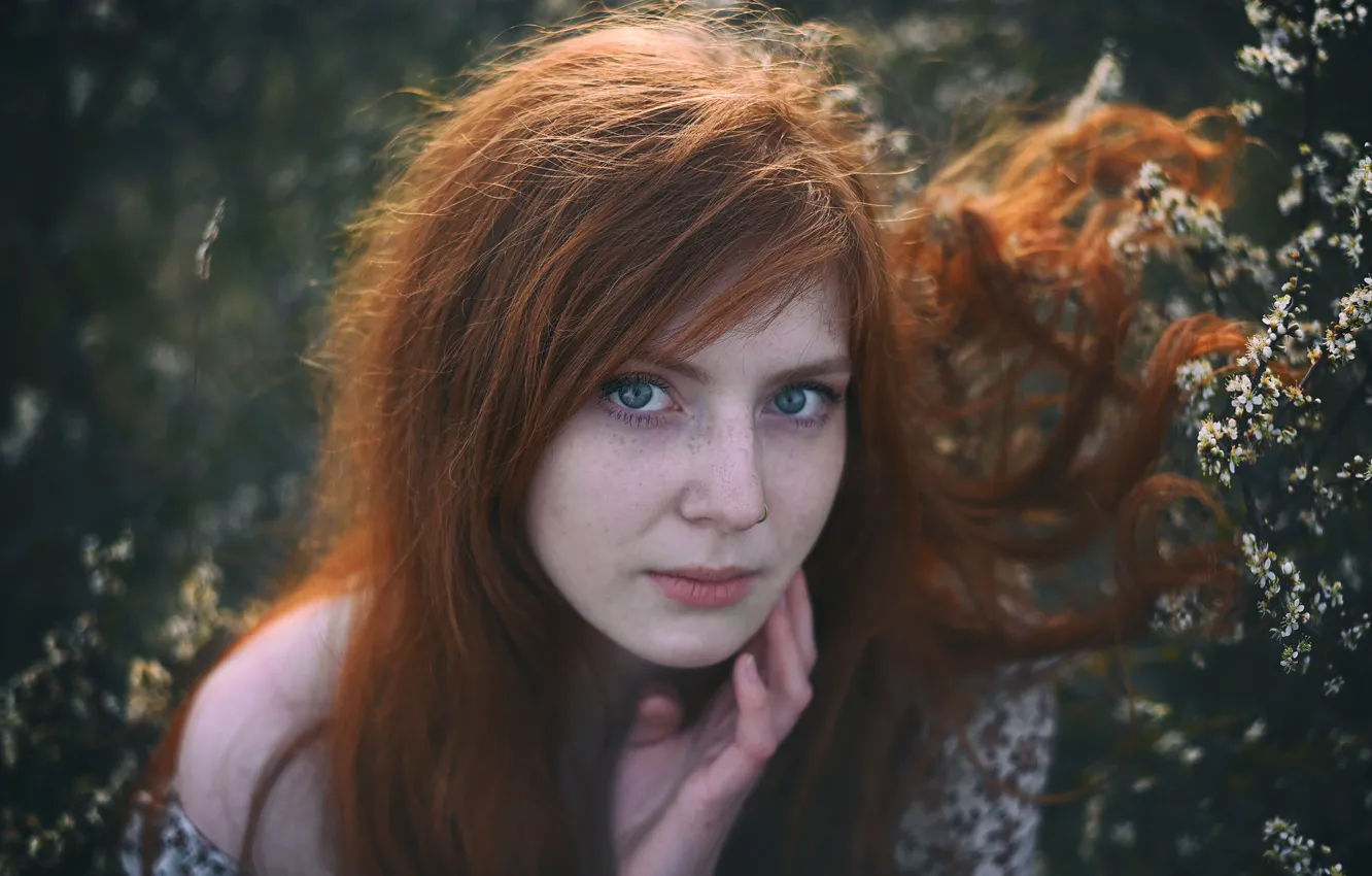 Photo wallpaper look, girl, face, portrait, red, redhead, long hair