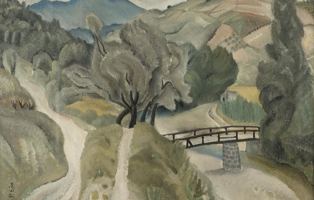 Photo wallpaper trees, bridge, river, hills, Landscape, 1918, trails, Tsuguharu