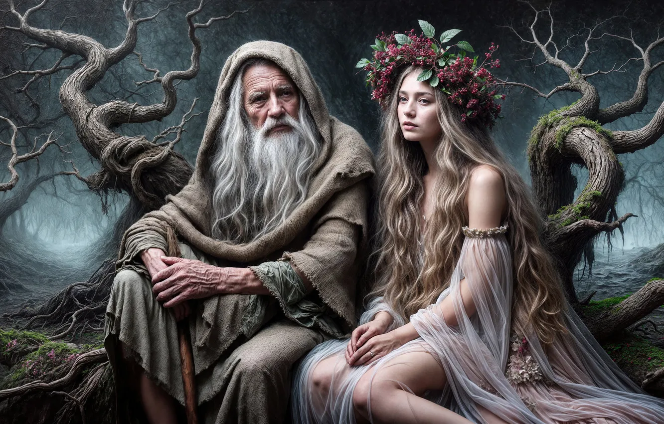 Photo wallpaper fairy, AI art, the old man, fantasy, girl, elf, imitation painting, the elder