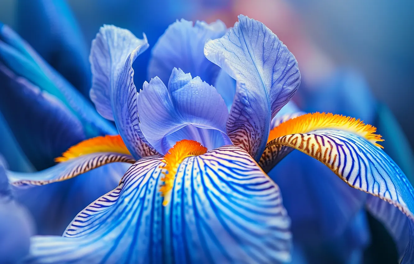 Photo wallpaper drops, macro, flowers, blue, blue, petals, lilac, iris