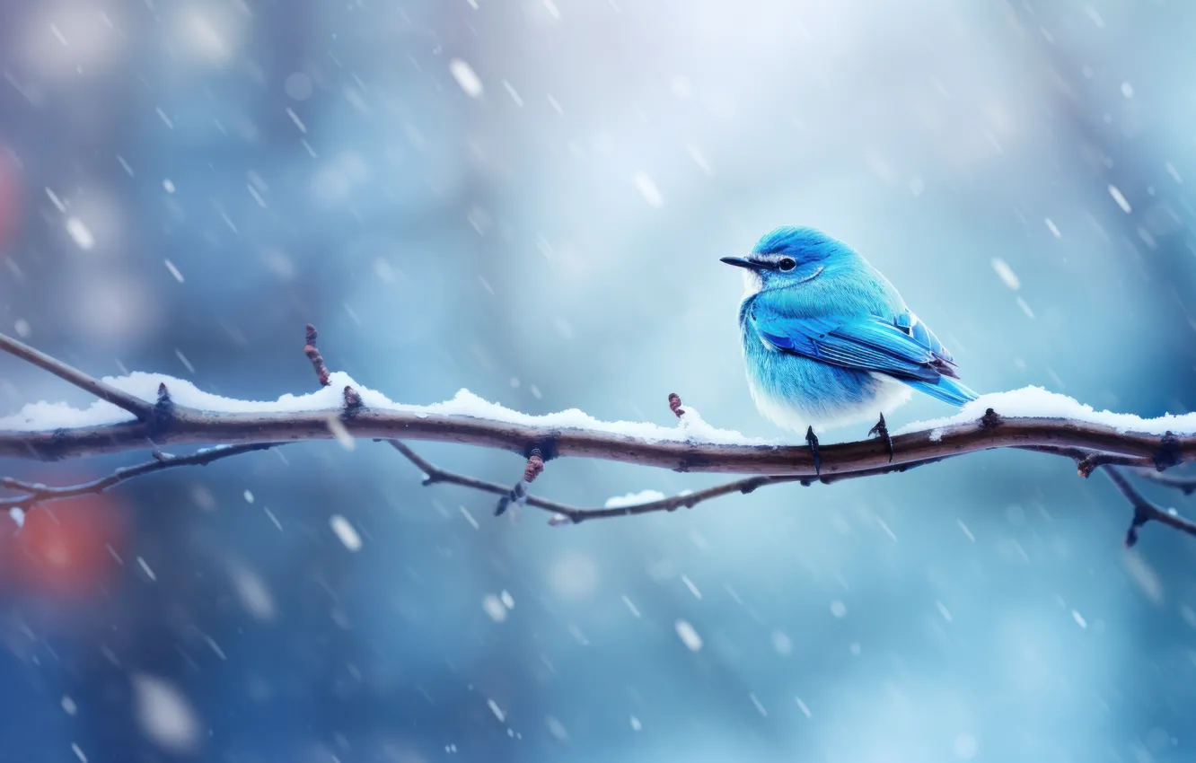 Photo wallpaper winter, snow, bird, branch, bird, mountain, blue sialia, AI art