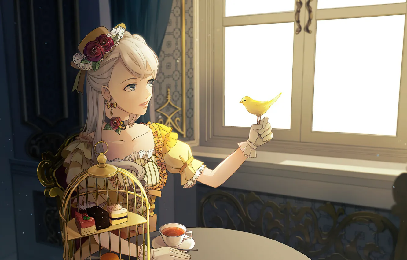 Photo wallpaper girl, bird, tea, the tea party, bird, lady