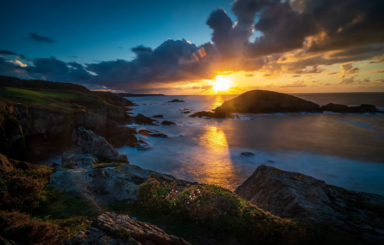 Photo wallpaper sea, the sky, the sun, clouds, rays, light, sunset, blue