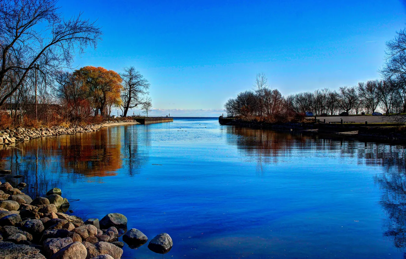 Photo wallpaper autumn, the sky, trees, stones, shore, horizon, promenade, backwater