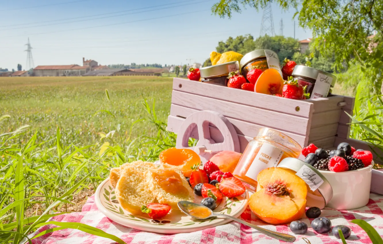 Photo wallpaper field, summer, food, fruit, picnic, box