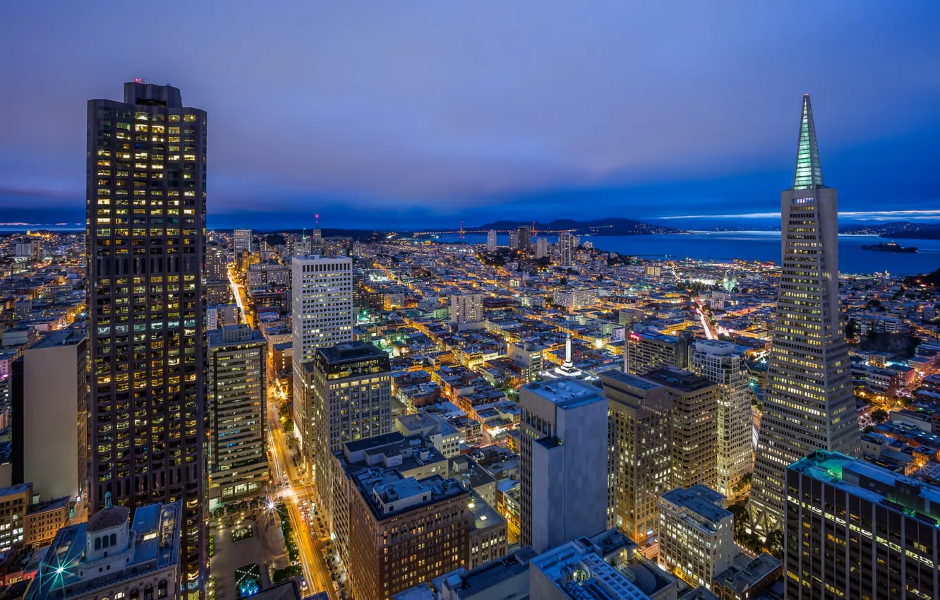 Photo wallpaper building, tower, skyscrapers, CA, panorama, San Francisco, night city, California