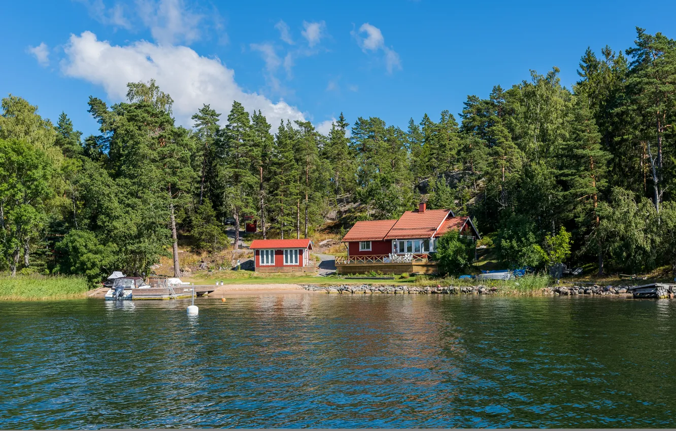 Photo wallpaper forest, trees, house, river, stones, shore, boat, Stockholm