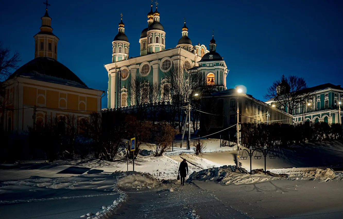Photo wallpaper winter, snow, landscape, the city, the evening, lighting, lights, The Cathedral of the assumption
