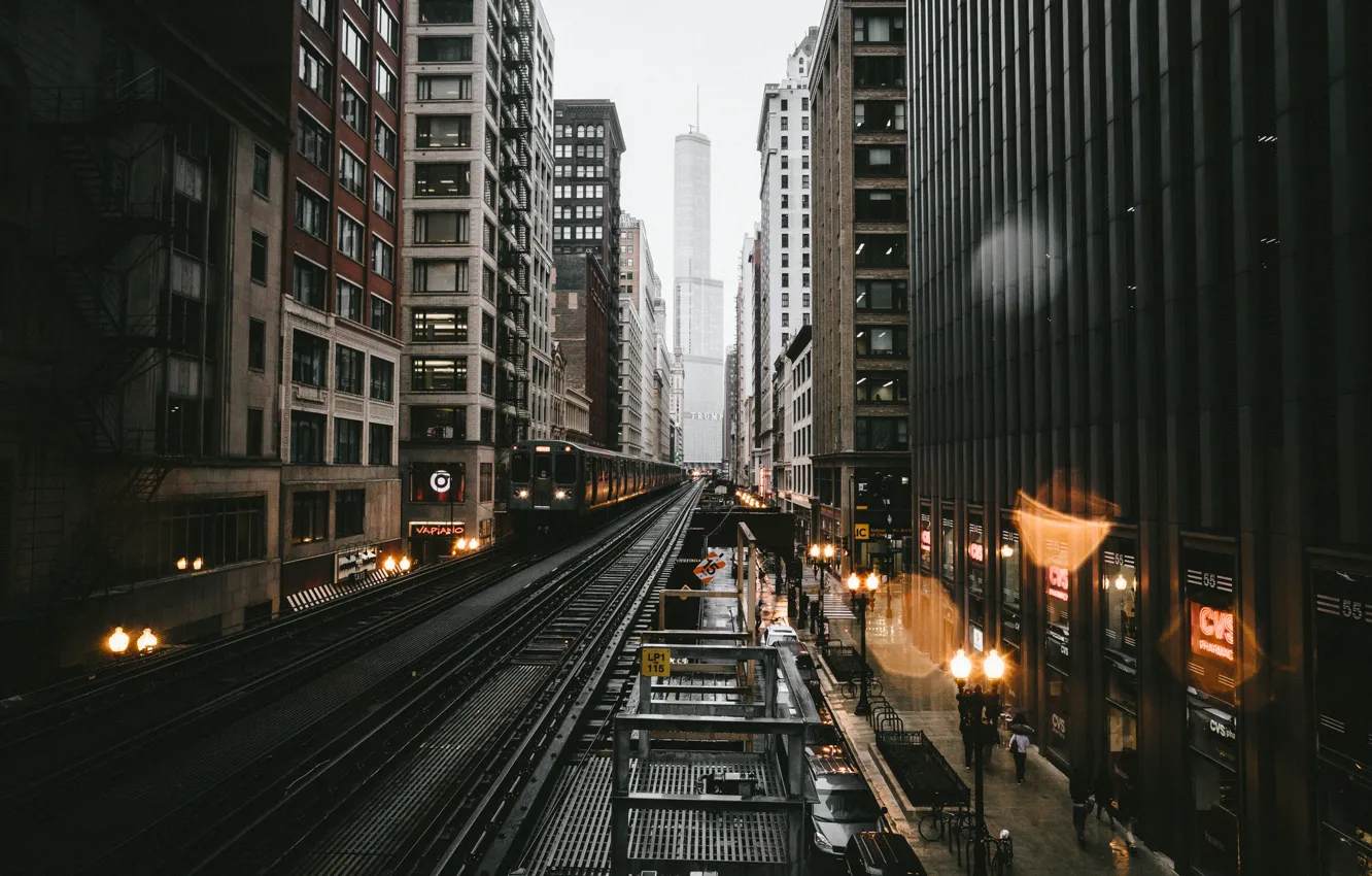 Photo wallpaper the city, lights, glare, rain, the evening, Chicago, USA