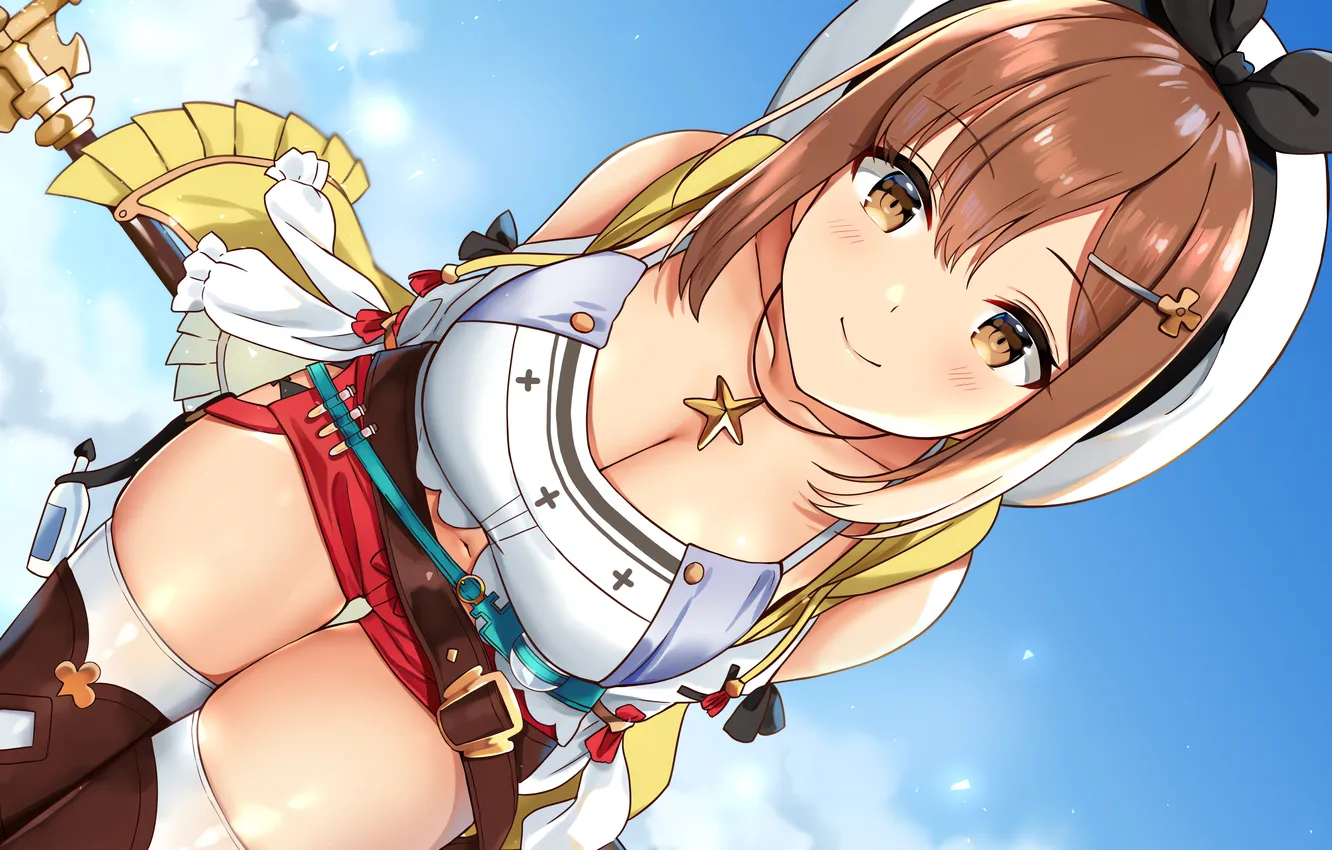 Photo wallpaper girl, sexy, cleavage, shorts, blouse, thighhighs, sky, brown hair