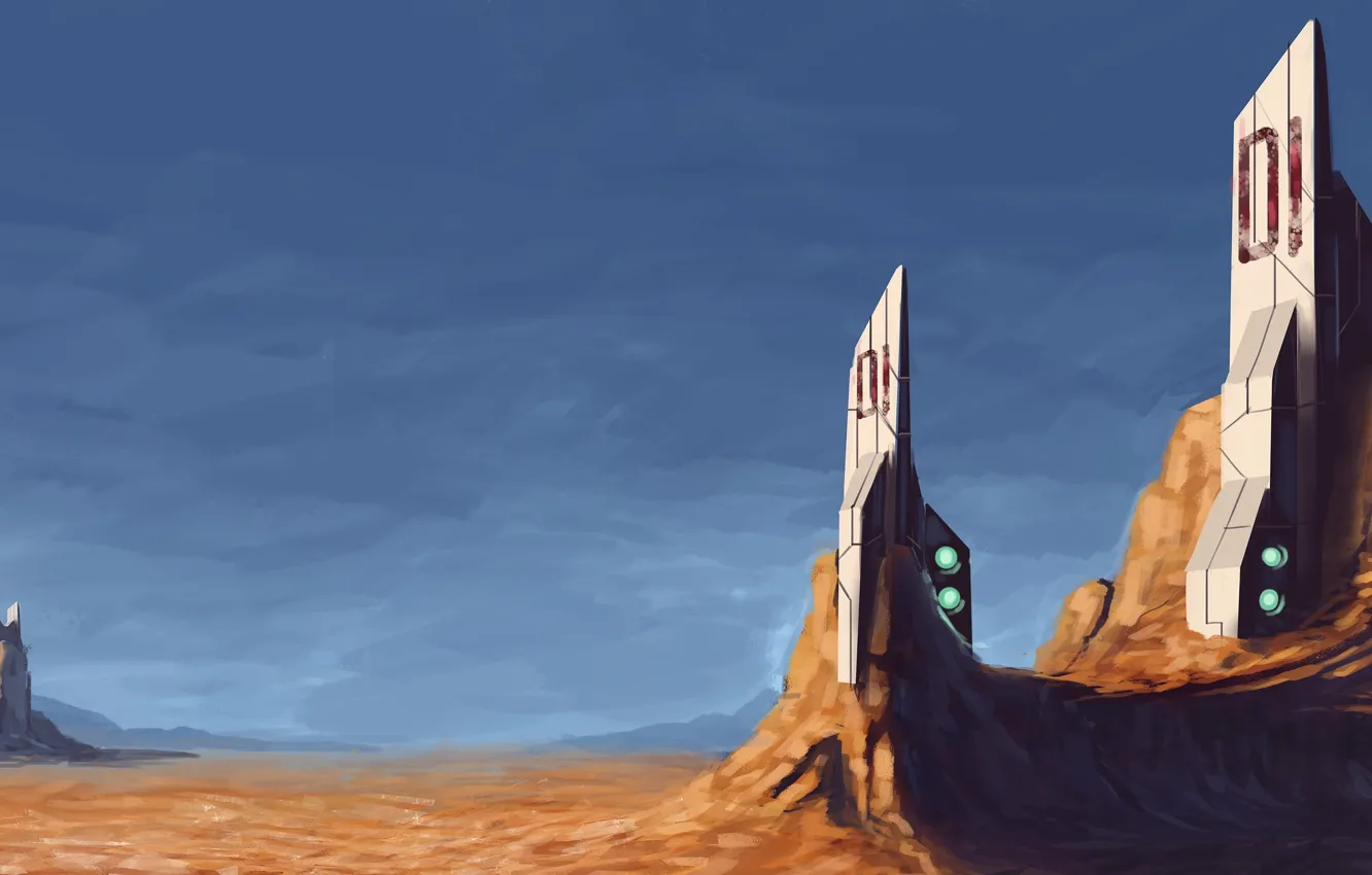 Photo wallpaper landscape, rocks, tower, construction, art, Heath, giant