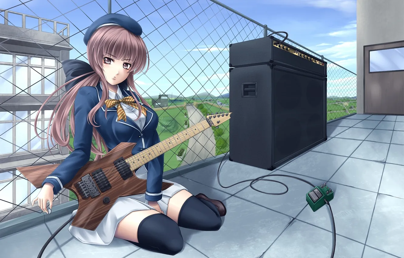 Photo wallpaper roof, girl, the city, guitar, stockings, art, speaker, form