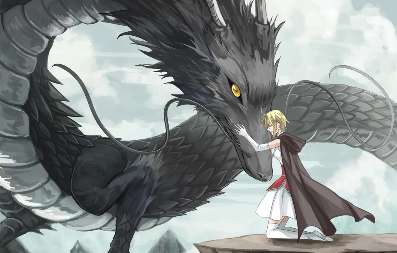 Photo wallpaper girl, mountains, dragon, anime, art, hugs, Cape, uga