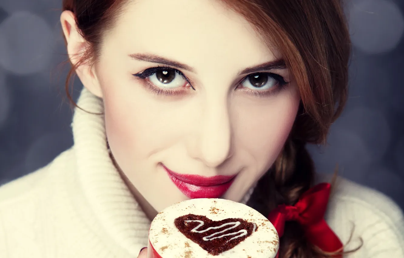 Photo wallpaper look, foam, girl, smile, coffee, Cup, brown hair, brown-eyed
