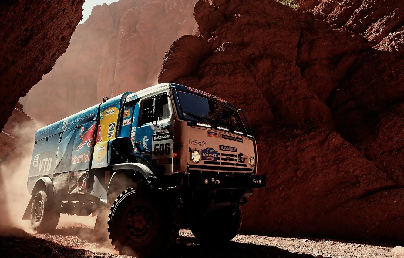Photo wallpaper sand, the sky, mountains, blue, stones, dust, turn, truck
