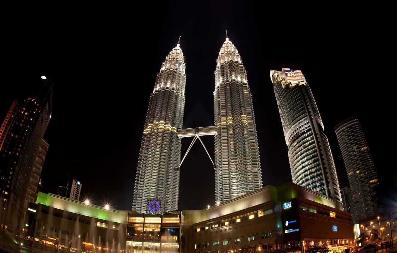 Photo wallpaper Lights, Night, Tower, Malaysia, Kuala Lumpur, Petronas