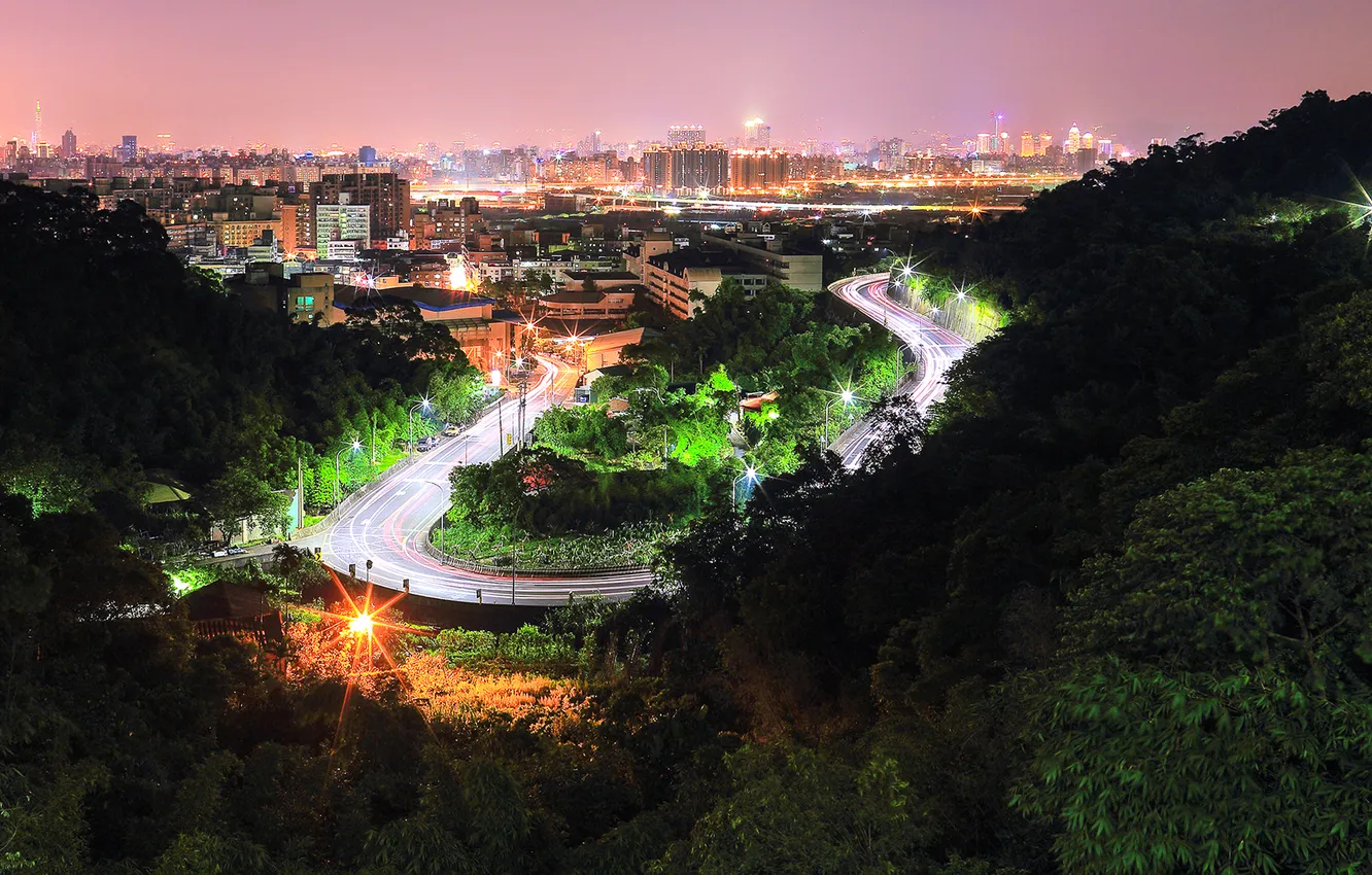 Photo wallpaper road, the sky, trees, night, the city, lights, hills
