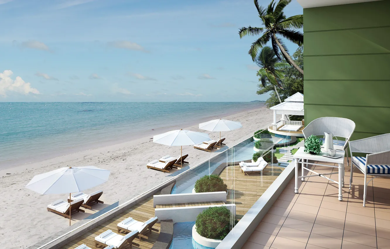 Photo wallpaper beach, palm trees, the ocean, balcony, resort