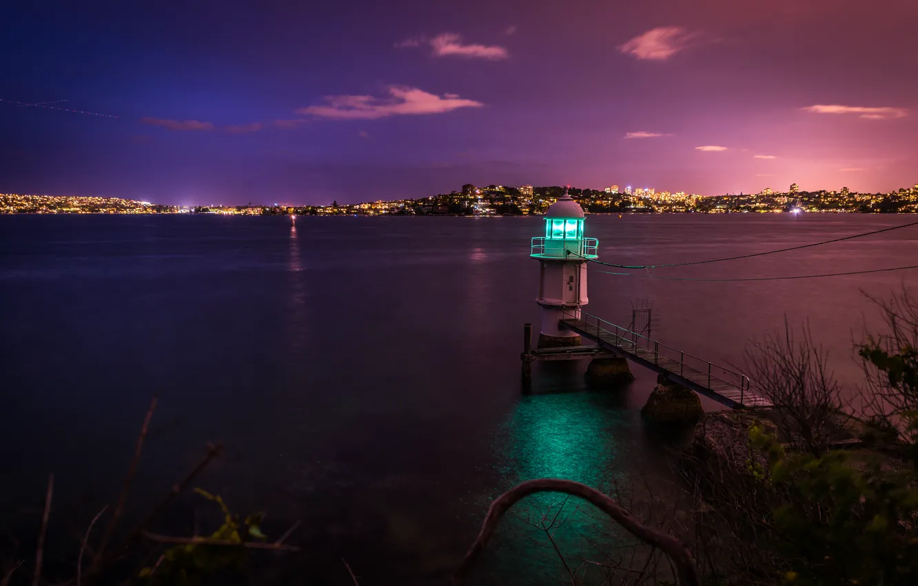 Photo wallpaper night, the city, Strait, shore, lighthouse, Australia, Sydney, Bradley's Head