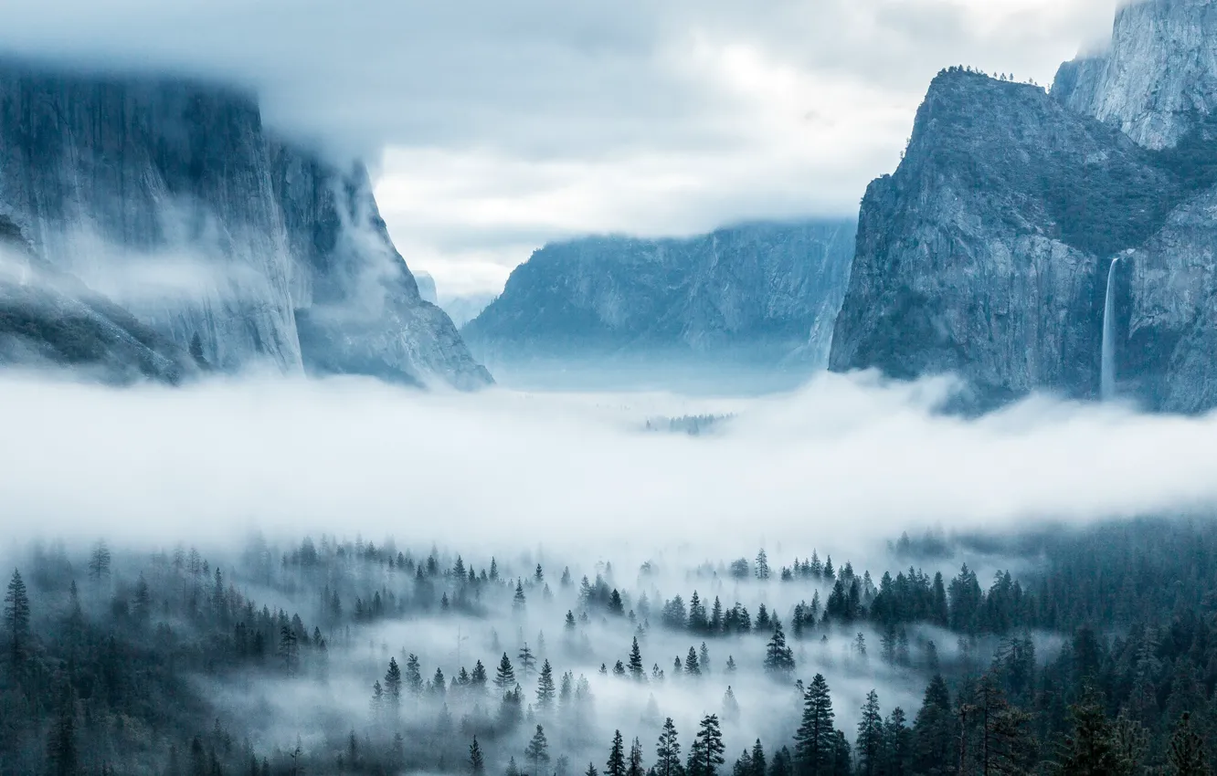 Photo wallpaper the sky, trees, mountains, clouds, nature, fog, waterfall, USA