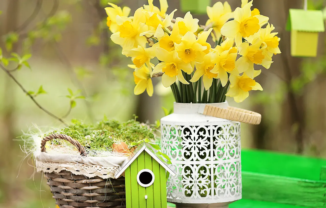 Photo wallpaper basket, bouquet, spring, yellow, daffodils, daffodils