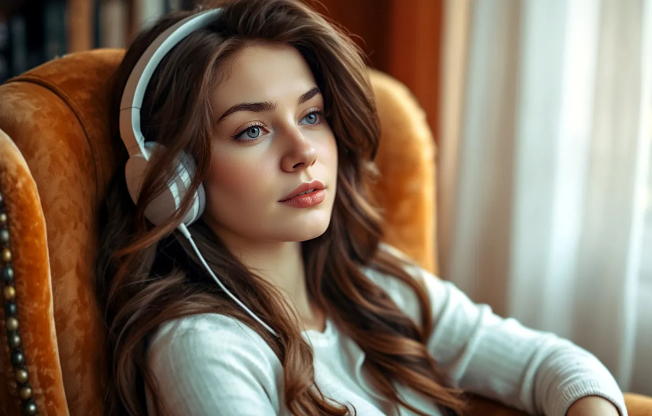 Photo wallpaper girl, hair, headphones, AI art