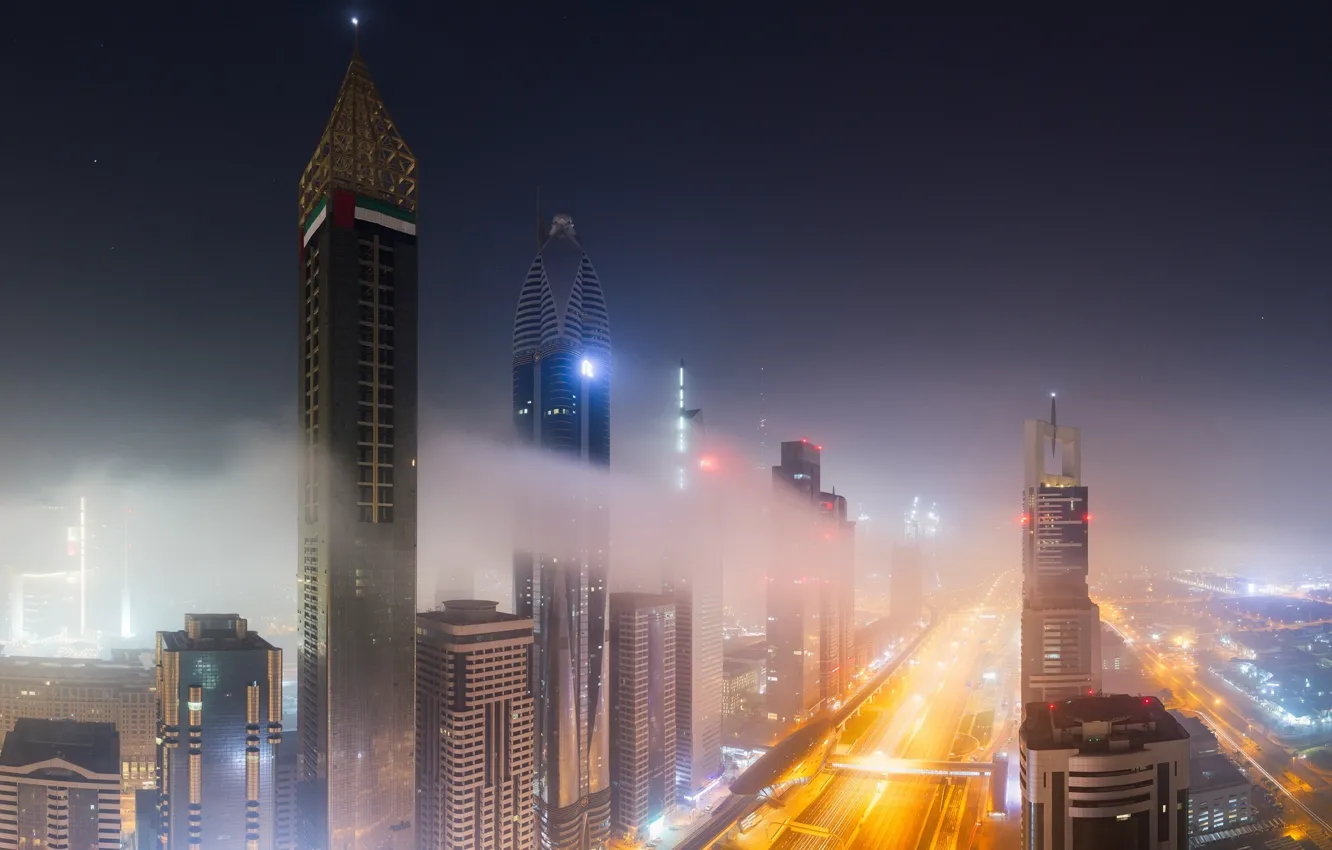 Photo wallpaper night, the city, lights, fog, street, the evening, haze, Dubai