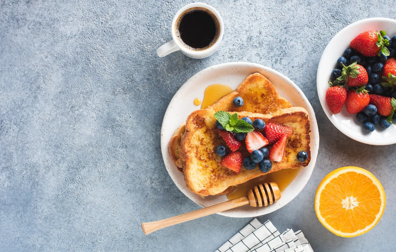 Photo wallpaper berries, coffee, orange, Breakfast, blueberries, strawberry, honey, plate