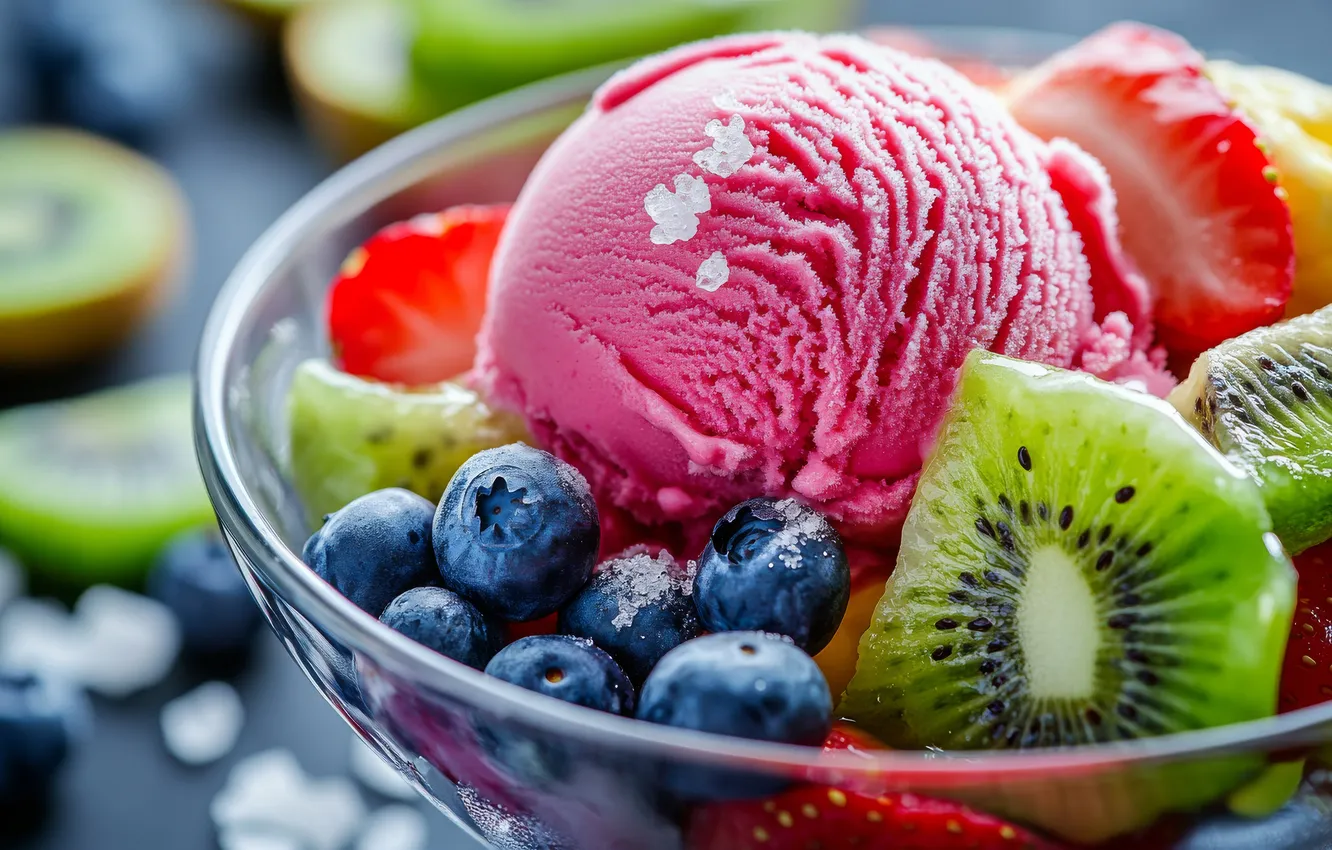 Photo wallpaper kiwi, blueberries, ice cream, AI art, neural network