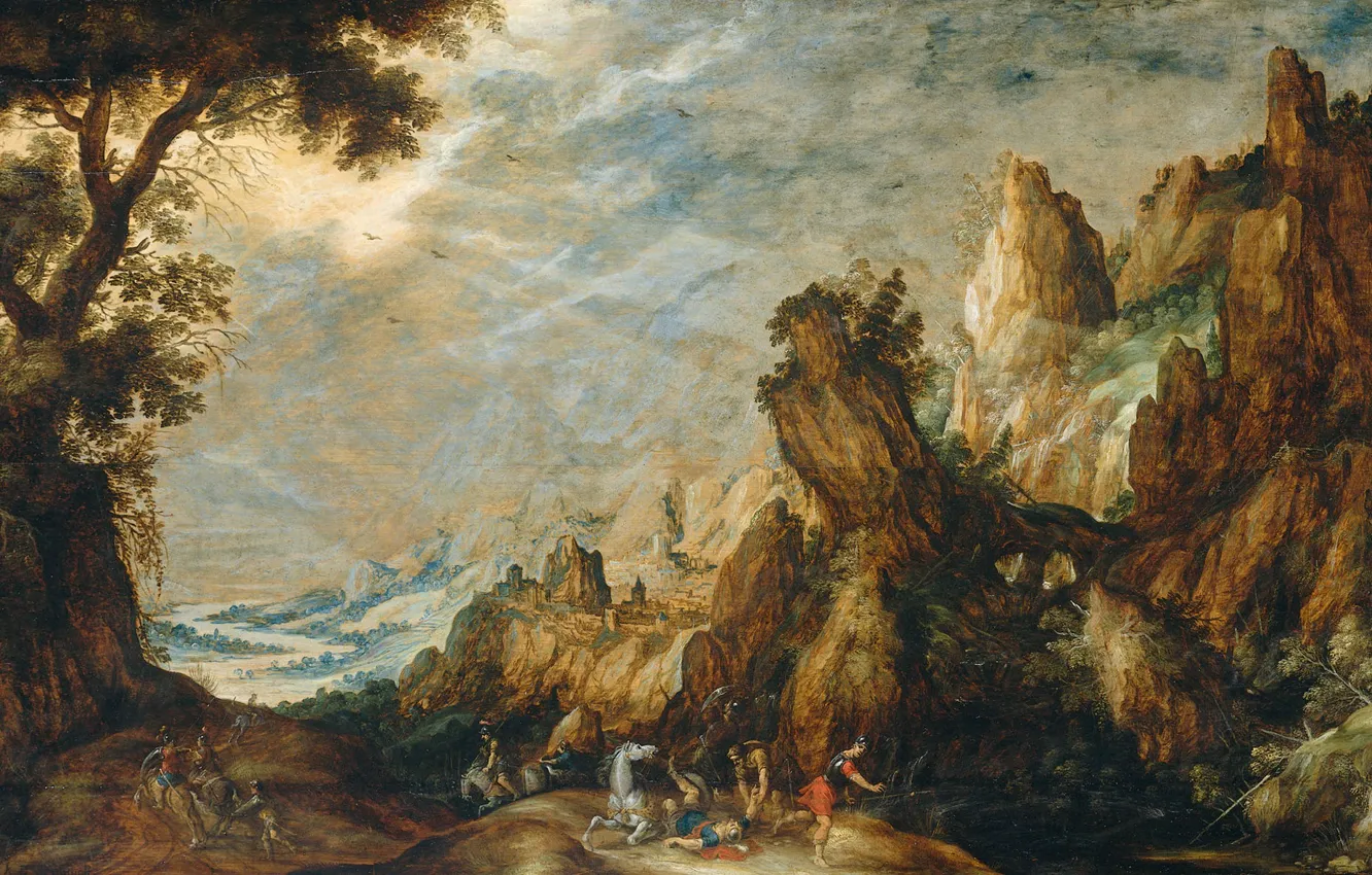 Photo wallpaper tree, oil, picture, mythology, Landscape with the conversion of Saul, Kerstiaen de Keuninck