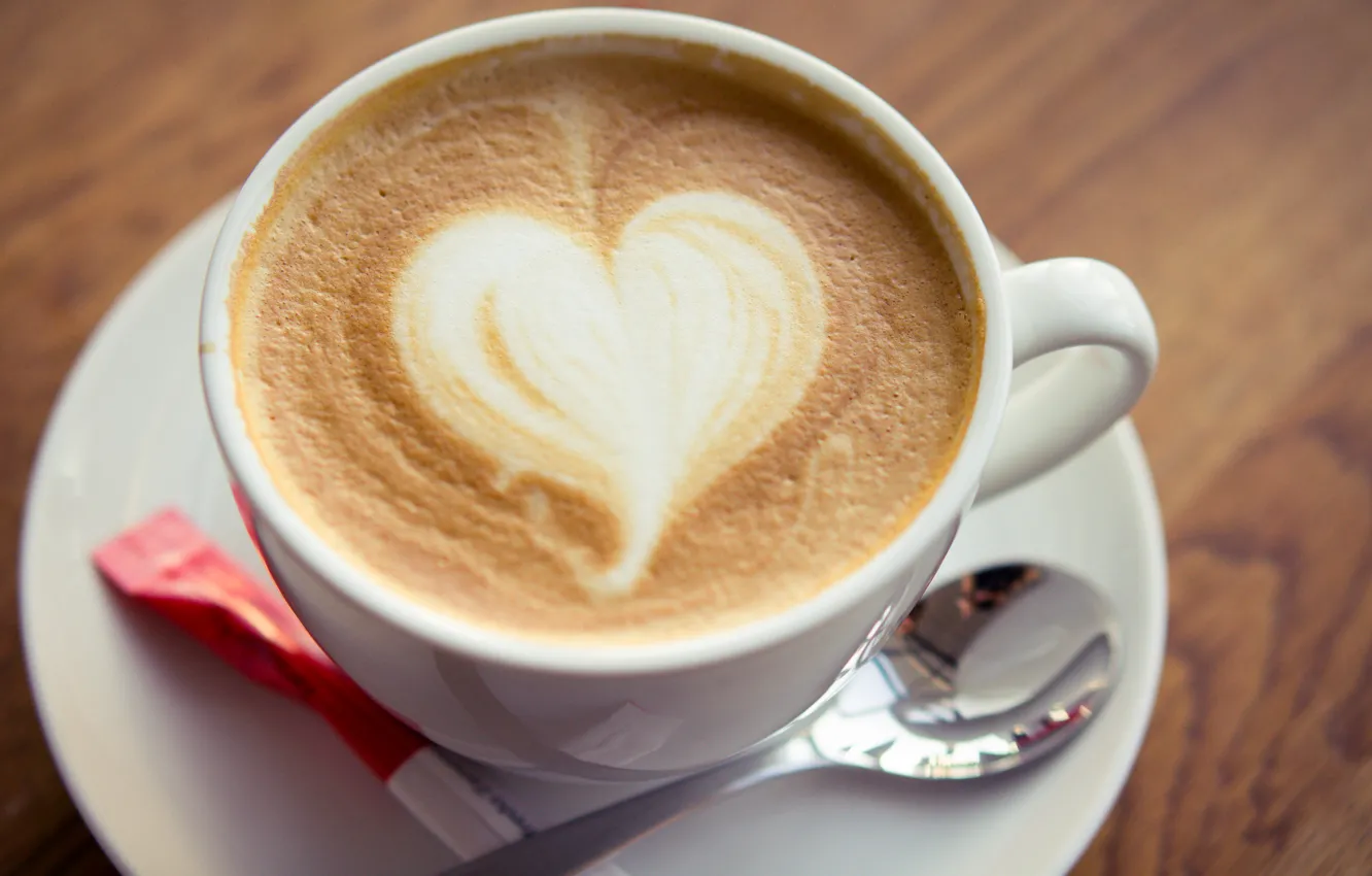 Photo wallpaper foam, heart, coffee, spoon, Cup, sugar, cappuccino