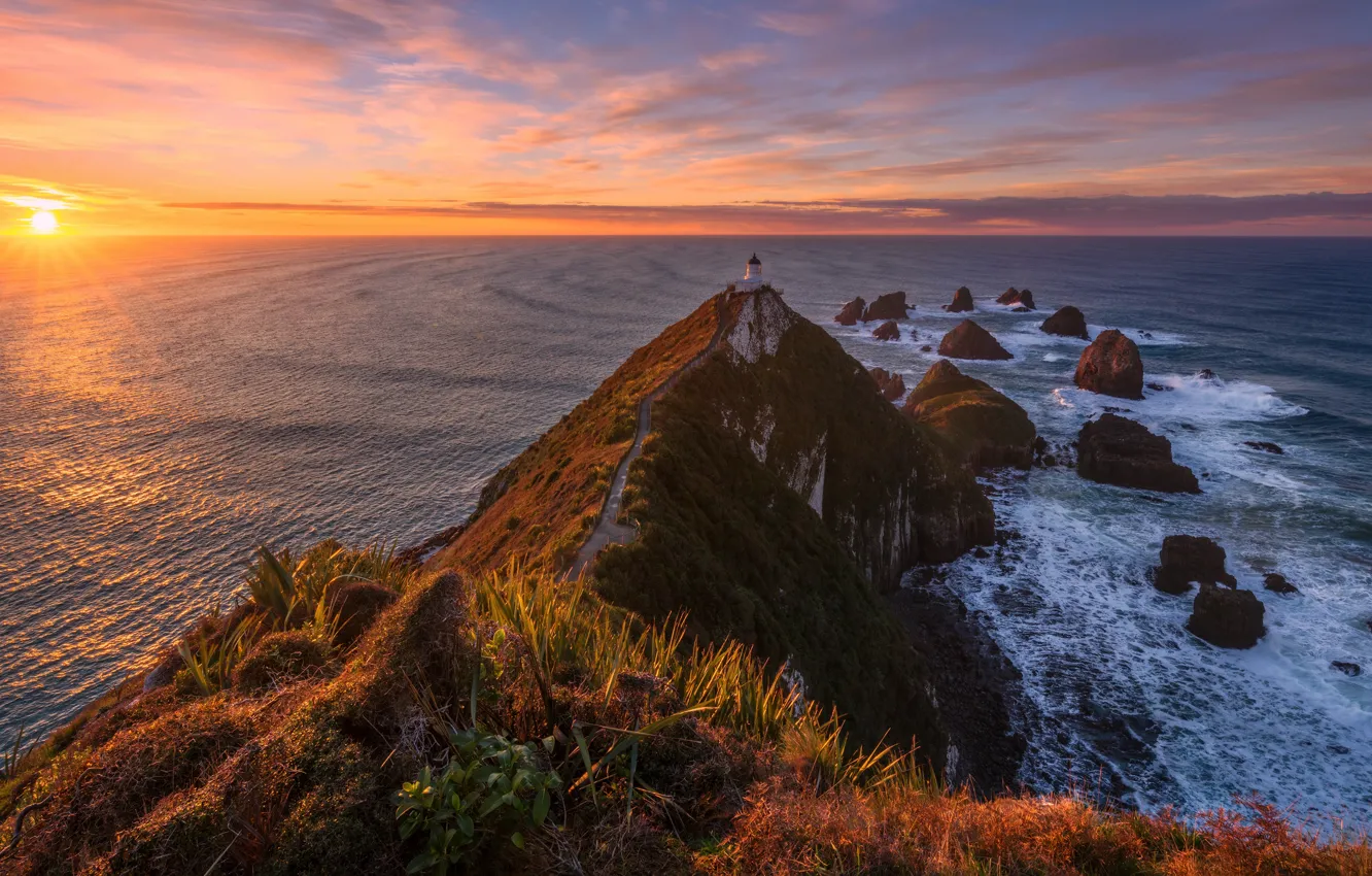Photo wallpaper road, sea, wave, the sky, the sun, clouds, rays, stones