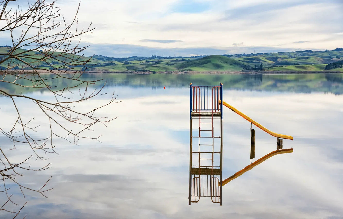 Photo wallpaper greens, the sky, clouds, trees, branches, nature, lake, reflection