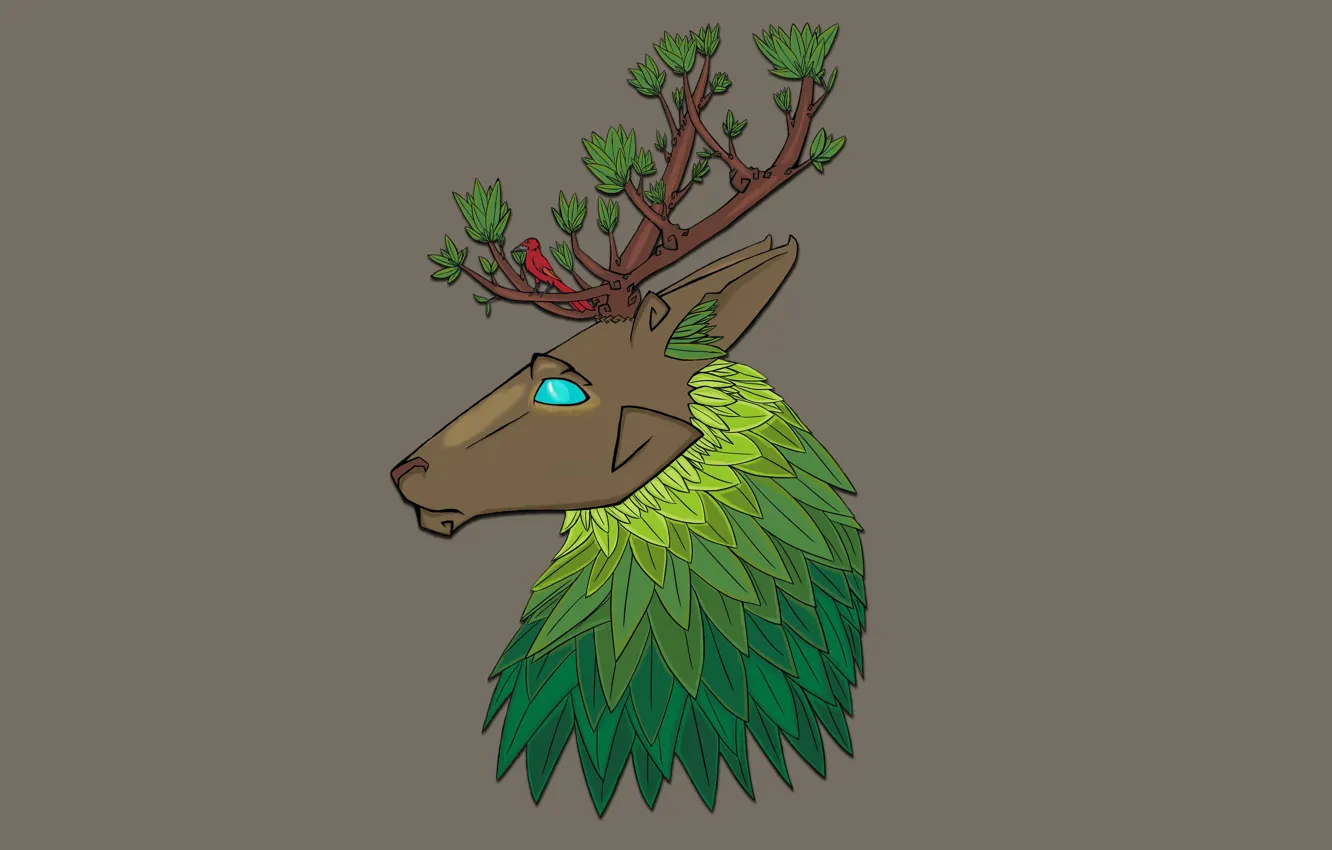 Photo wallpaper leaves, trees, green, animal, bird, deer, horns, deer