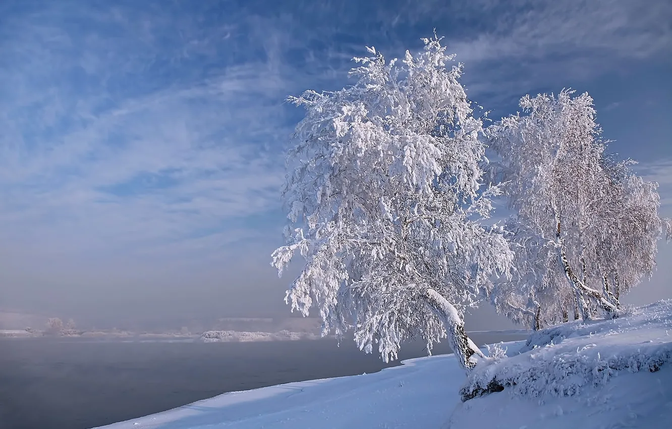 Photo wallpaper winter, frost, snow, landscape, nature, lake