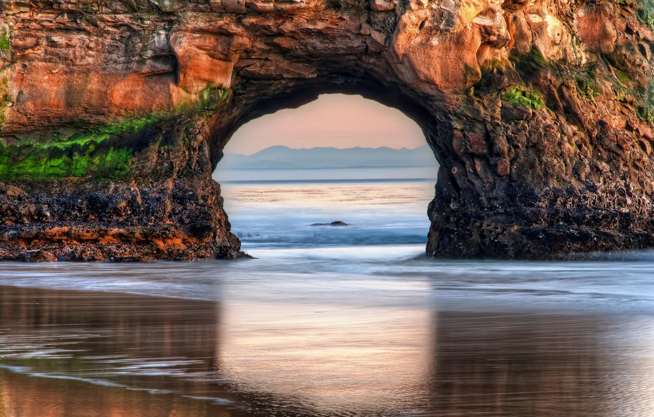 Photo wallpaper beach, rock, the ocean, dawn, USA, USA, State California, California
