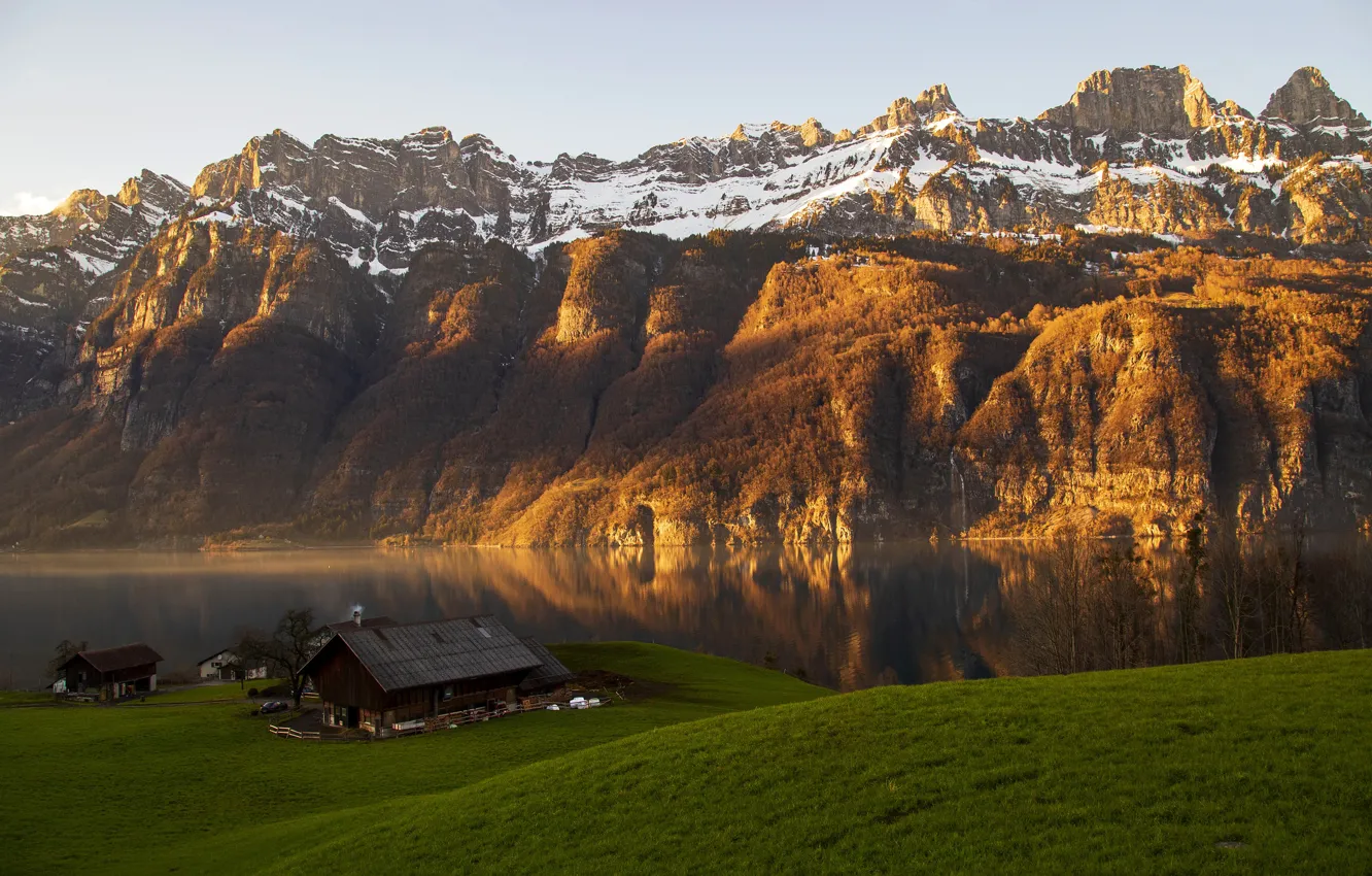 Photo wallpaper grass, trees, mountains, lake, stones, rocks, shore, Switzerland