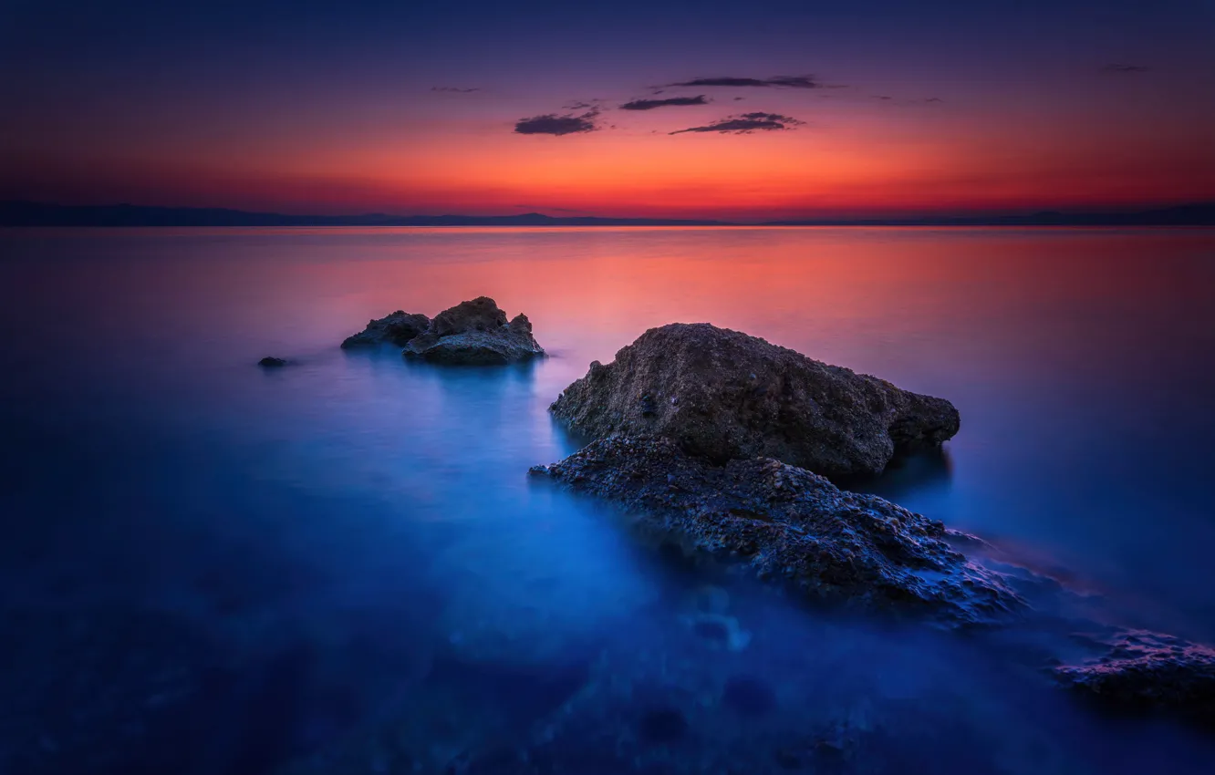 Photo wallpaper sea, the sky, sunset, rocks